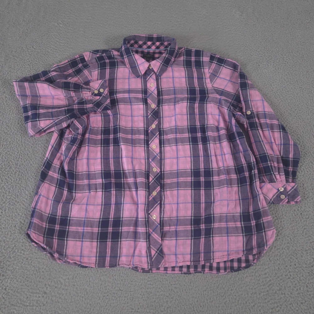 Talbots Top Womens 3X Petite Multi Plaid Cotton Roll Tab Long Sleeve Button Down